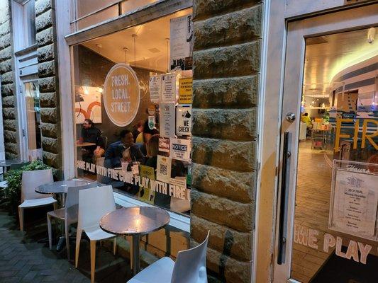 Front of restaurant and outdoor dining area.