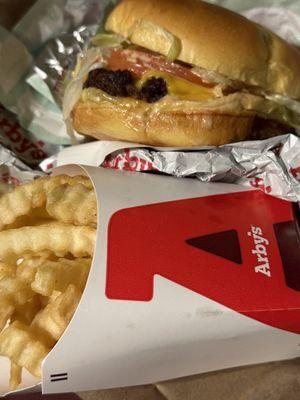 Crinkle cut fries and the Good Burger 2 burger.