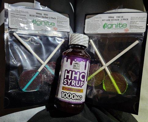 Blue Razz 30mg HHC & Key Lime 30mg THC-O suckers & Trē House Purple Stuff 1000mg HHC Syrup