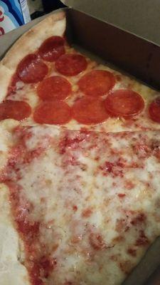 A slice of plain and slice of pepperoni.