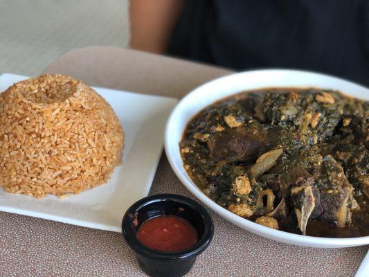 Gussi Spinach Soup with goat meat and jollof rice