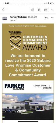 PARKER SUBARU WIN EXEMPLARY CUSTOMER COMMITMENT AWARD FOR 2020!!!