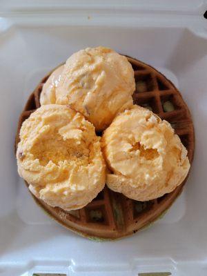 Ice Cream Thrifty with Waffle ( 3 Scoops) Butter Pecan ice cream drizzled in caramel over a waffle. Waffle was tasty.