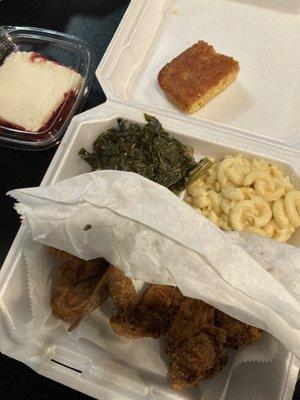 Fried chicken wings, Collard Greens, Mac and Cheese, corn bread, Red Velvet Cake.