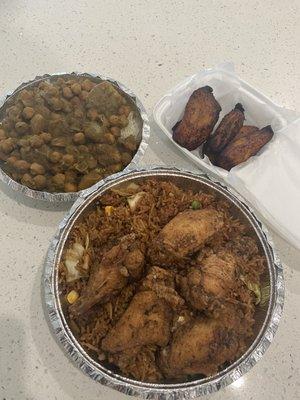 Jerk Wing Fried Rice, Potato and Channa Curry with Rice (on the menu in store), and a side of plantains.