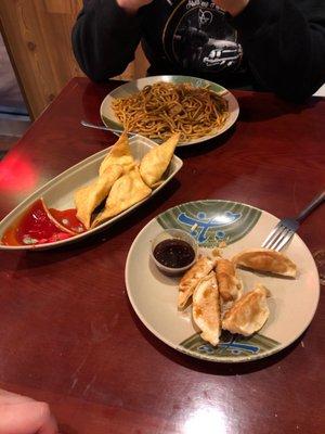 Fried dumplings, crab Rangoon, shrimp lo mein