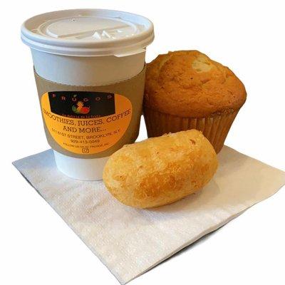 Breakfast to go! Coffee, muffin & yuca rellena de queso!