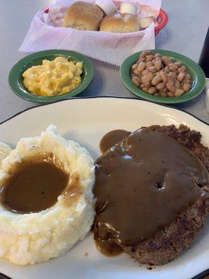 Hamburger steak, mac 'n' cheese, pintos and mashed potatoes