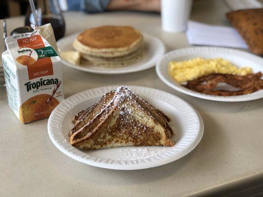 Really great breakfast (french toast, pancakes with a side of scrambled eggs and bacon)