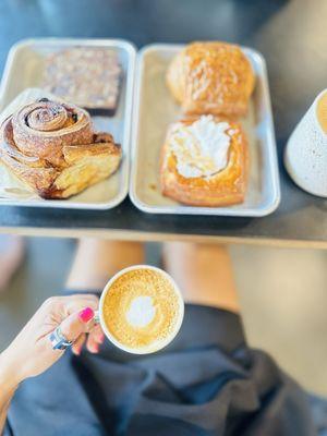 Cappucino, cinnamon roll, chocolate croissant, date cake