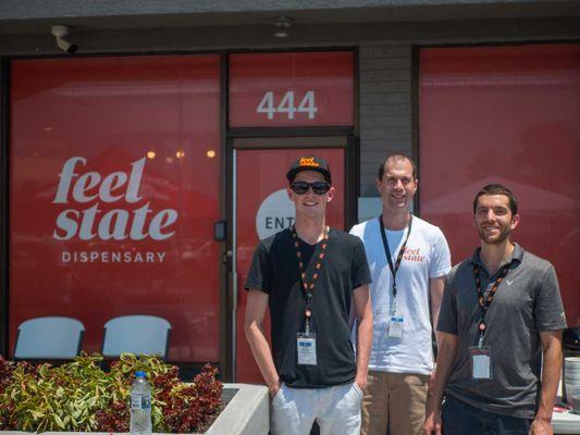 Feel State founders Mitch Greene, David Melnick, and Corey Rimmel outside of the Florissant Feel State location