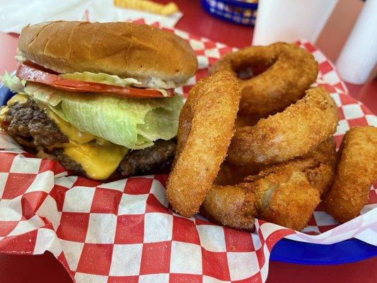 Bacon cheeseburger all the way with onion rings