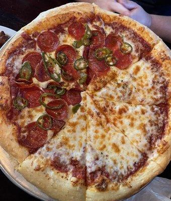 14" half pepperoni and jalapeño and half cheese.