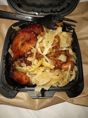 Rice and peas with oxtail gravy, steamed cabbage and plantains from #IslandFoodie.