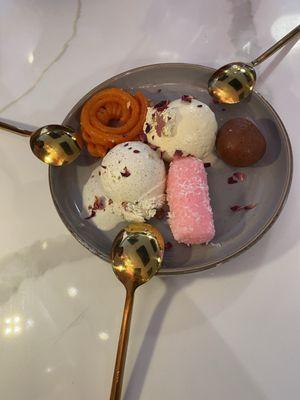 Desserts from their pastry case served with two unique homemade ice cream flavors