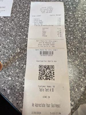 My receipt and 37 cent service fee because owner chooses to do so