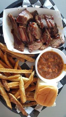 Brisket meal with beans and fries