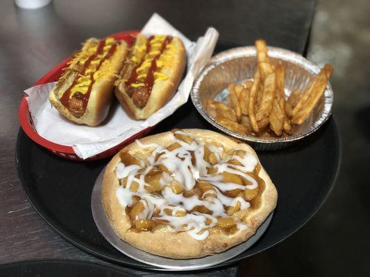 Dogs, fries, cinnamon apple pizza