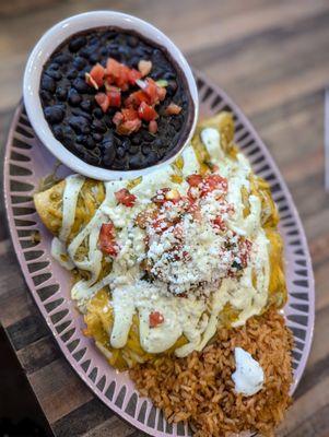 Chicken Tinga (3) enchiladas with Spanish rice and black beans