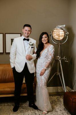 Hunter and Nickie - This groom is wearing a full custom tuxedo and accessories from Vu's! Feb 2021