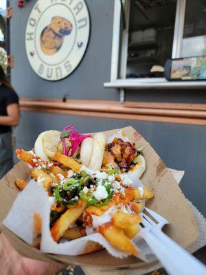 Loaded kimchi fries. Shrimp tempura bao. Pork asada bao.