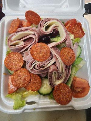 Chefs salad, peperoni, ham, cheese,olives, cucumbers,  tomatoes and lettuce