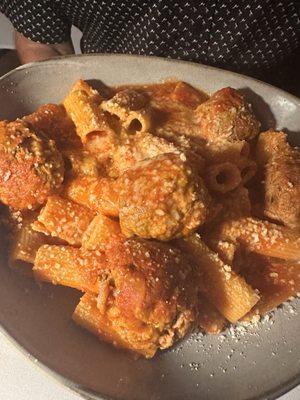 Special rigatoni and meatballs with the most amazing sauce