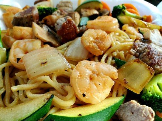 Hibachi Steak & Shrimp with Mixed Vegetables and Yakisoba Noodles. Absolutely delicious!