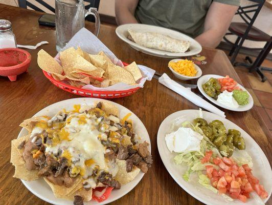 Beef fajita nachos, burrito supreme.