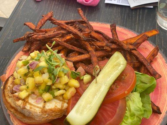 Swordfish sandwich with sweet potato fries