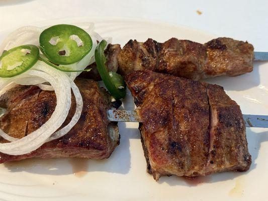 Lamb kebabs (top) and ribs (bottom)