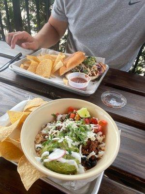 Torta sandwich that came with salsa and chips, and the casita bowl with barbacoa.