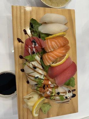 6pc Nigiri + Any dragon or rainbow or tempura shrimp roll & Miso Soup