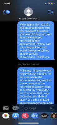 I reached out when Salma failed to show up to appointment.