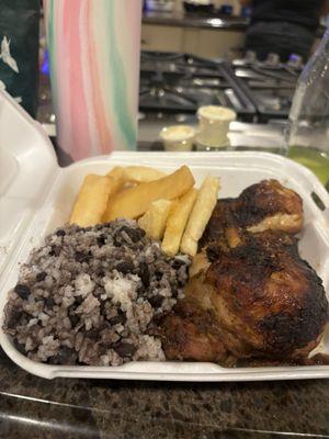 half chicken combo with yucca and rice and beans