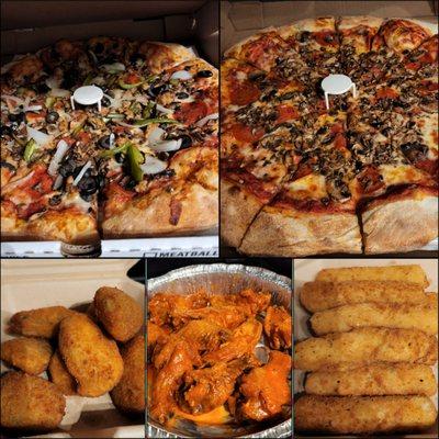 Atomic pizza/pepperoni and mushroom pizza/ jalapeños poppers/ wings/ mozzarella sticks