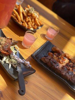 Lamb chop, Charcoal Grilled Wagyu Beef, Chicken Karaage, Garlic Fries, soju