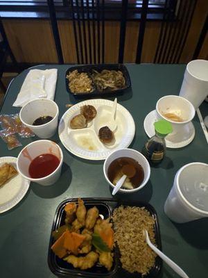 Mongolian Beef, Wonton Soup, sweet and sour chicken, egg rolls, fried dumplings