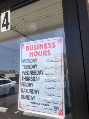 Hours. Closed Sunday