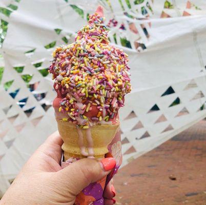 Purple Vanilla with strawberry passionfruit dip and pastel sprinkles