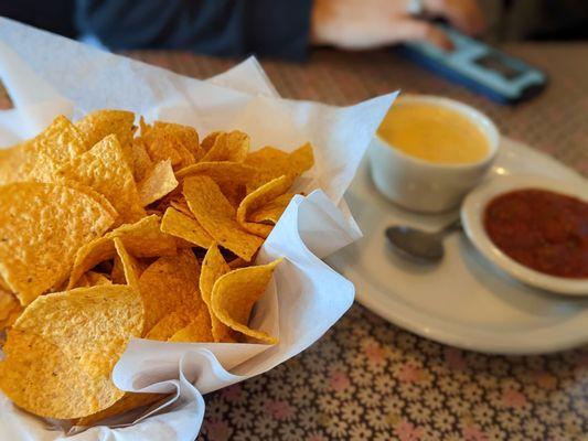 Chip, queso, and salsa