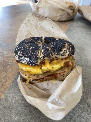 Bacon egg cheese on poppyseed bagel