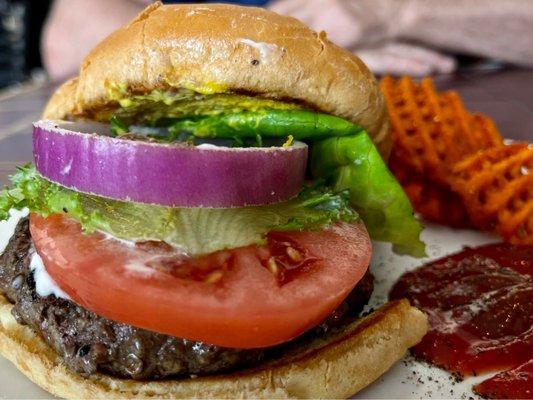 Hamburger and crispy sweet potato waffle fries