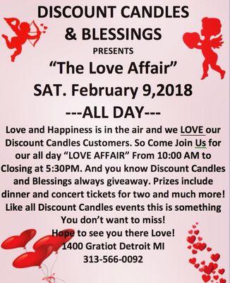 Come out to our Love Affair event, Saturday Feb. 9th! We will have prizes, food and more!!