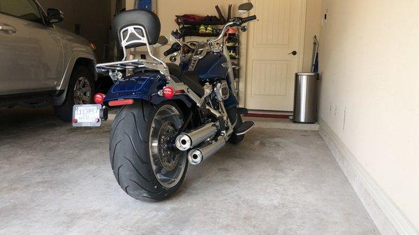 Sissy bar with backrest and luggage rack installed