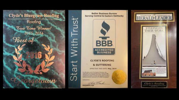 These are just a few of reward's, certificates, and highlights of Clyde's Bluegrass Roofing.