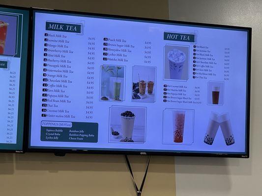 Milk tea and hot tea menu