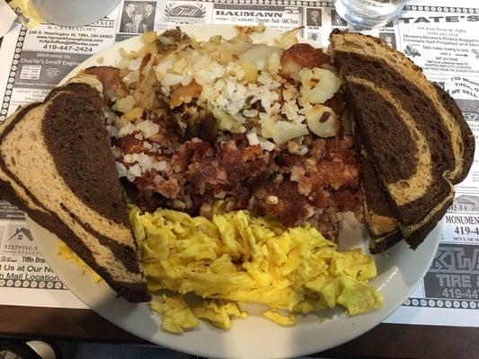 Corned Beef Hash, Eggs, Home fries & Marbled Rye Toast