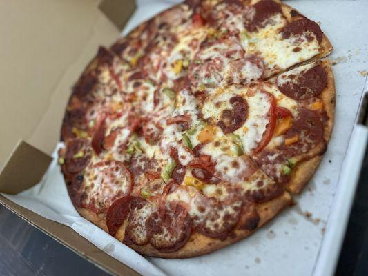 Pepperoni pizza, add tomatoes and peppers.