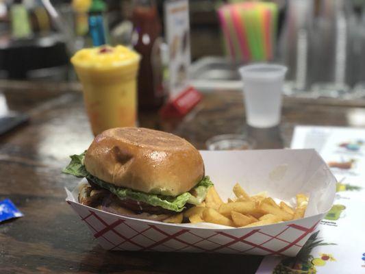 BBQ burger with bacon and a mango daiquiri